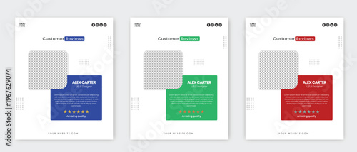 Customer reviews social media post template with profile frame, rating stars, testimonial card, modern minimal layout in blue green red variations, clean UI UX design