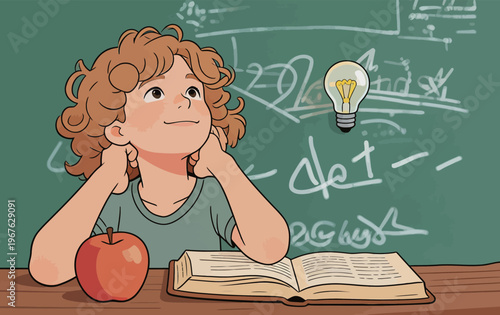 Child thinks about ideas while reading a book in a classroom with a chalkboard and an apple on the desk