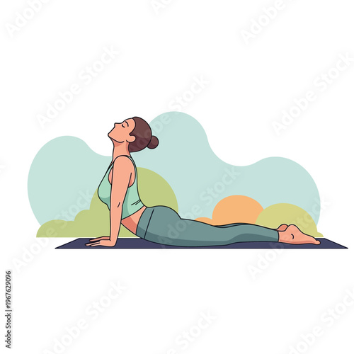 Mindful woman performing an upward-facing dog yoga pose on a mat, symbolizing flexibility, strength, and inner peace in a serene, health-focused setting