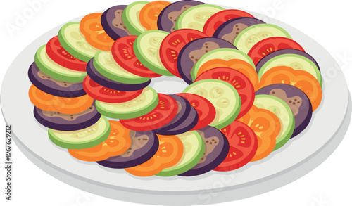 A vibrant plate of colorful sliced vegetables arranged in a circular pattern
