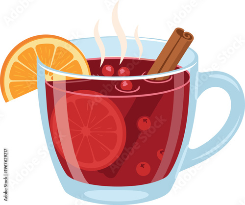 A steaming mug of mulled wine with cinnamon and orange slice