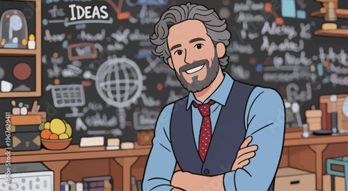 Man stands in a room filled with tools and signs while smiling and promoting ideas on a blackboard