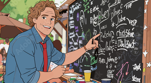 Young man points at blackboard filled with notes and diagrams during outdoor gathering in summer in a park setting