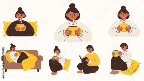Woman Enjoying Warm Drinks and Relaxation in Various Poses.