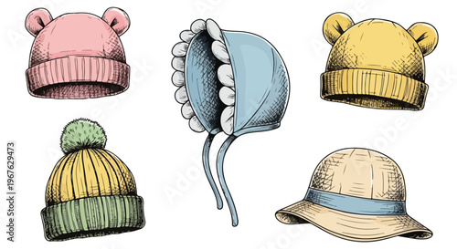 Colorful illustration of five knit hats with pom-poms and earflaps in pink, yellow, blue, green, and beige on a white background.
