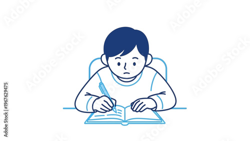 Young boy diligently studying and writing in a book.