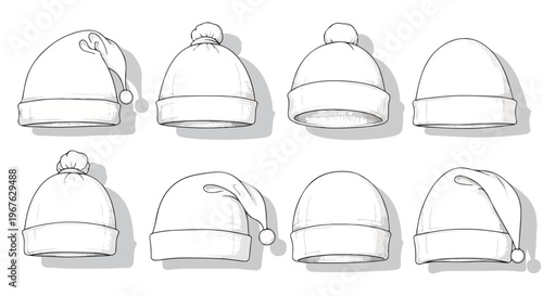 Eight simple line-drawn knit hats with varying styles and pom-poms on a plain white background.