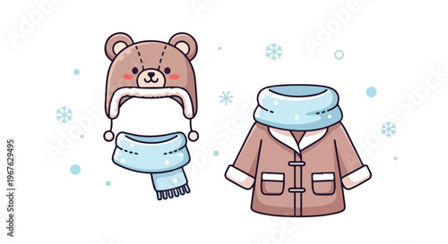 Illustration of a brown bear hat with scarf and a pink jacket with blue scarf on a white background with snowflakes.