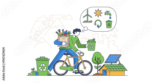 Illustration of a person riding a bicycle with a recycling bin and eco-friendly house in the background, conveying an environmentally friendly lifestyle with a thought bubble showing