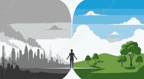 Silhouette of a person standing between a polluted cityscape and a clean natural landscape with trees under a blue sky with clouds.