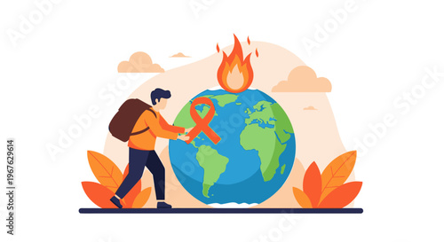 Illustration of a person holding a red ribbon next to a globe with flames rising from it, surrounded by orange leaves on a white background.