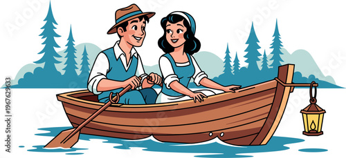 A happy couple enjoys a romantic boat ride on a serene lake