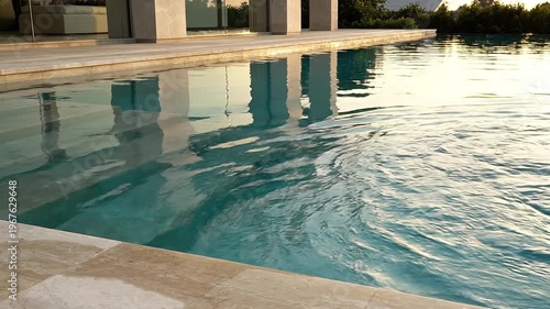 A clear turquoise swimming pool at a luxury tropical resort overlooks the blue ocean horizon under a bright summer sky