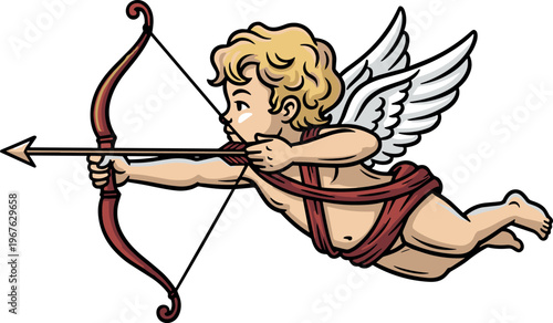 A cherub with wings aims a bow and arrow in mid flight