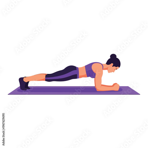 Full-body workout for core strength and fitness, featuring a woman in a perfect plank pose on a yoga mat, illustrating a dedicated exercise routine for health and wellness