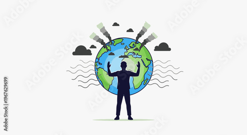Illustration of a man standing with arms raised behind a globe with pollution symbols around it on a white background.