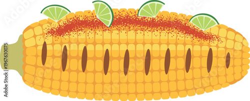 An ear of corn with chili powder and lime wedges on top