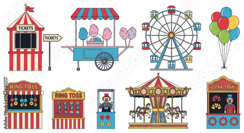 Carnival Fun Fair Set: Ferris Wheel, Carousel, Games, Cotton Candy, Balloons
