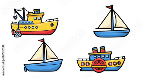 Cute Cartoon Boats Collection: Fishing, Sailboat, Paddle Steamer
