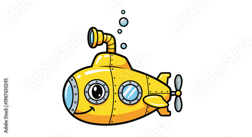 Cute Yellow Submarine Cartoon Character with Bubbles, Underwater Vehicle
