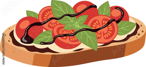 A delicious slice of toasted bread with fresh tomatoes and basil leaves