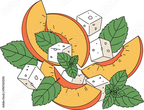 A colorful illustration of sliced peaches with ice cubes and green leaves