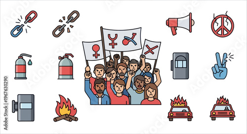 Protestors Rallying with Signs, Symbols of Rebellion and Social Unrest