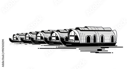 Row of Traditional Houseboats on Water, Kerala Backwaters Style, Black and White Illustration