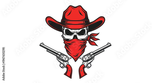 Skull Cowboy Bandit with Guns, Red Bandana and Hat, Western Style Illustration