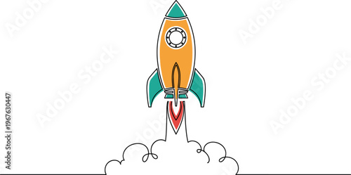 A colorful cartoon rocket ship blasting off into the sky