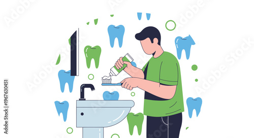 Man brushing teeth in bathroom with dental hygiene theme, clean smile concept