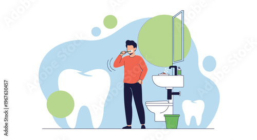 Man brushing teeth in bathroom, dental hygiene concept, healthy smile, clean teeth