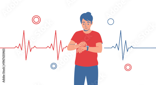 Man checking smartwatch with heart rate monitor and EKG lines, health tracking concept
