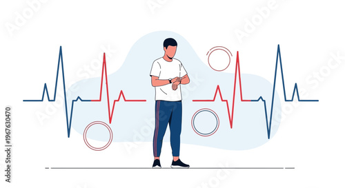 Man checking smartwatch with heartbeat EKG line graphic, health monitoring concept