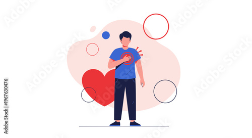 Man clutching chest in pain, heart symbol, cardiovascular disease concept