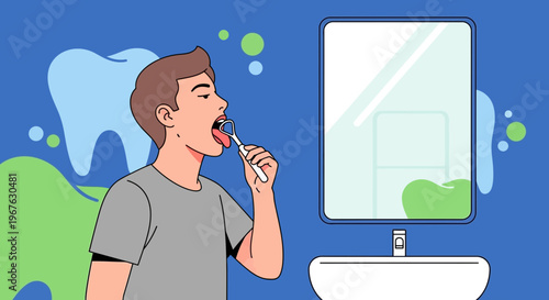 Man cleaning tongue with scraper in bathroom, dental hygiene concept