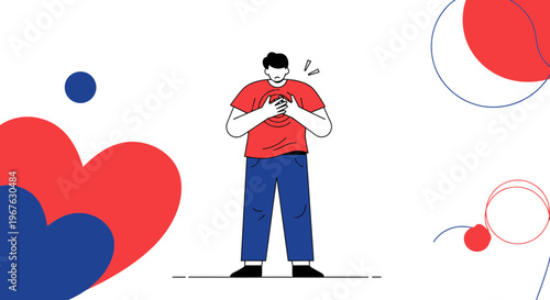 Man clutching chest in pain, heart symbol, health concept
