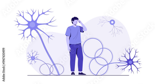 Man contemplating complex thoughts surrounded by abstract neural network connections