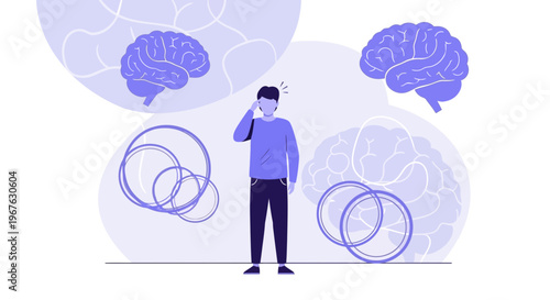 Man with headache, brain illustration, mental health, stress, confusion, cognitive disorder concept