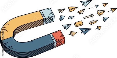 A colorful illustration of a magnet attracting various paper objects