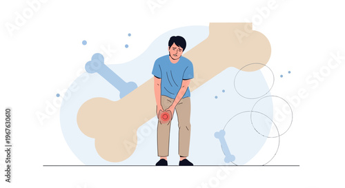 Man with knee pain, bone health concept, osteoporosis, joint ache, medical illustration
