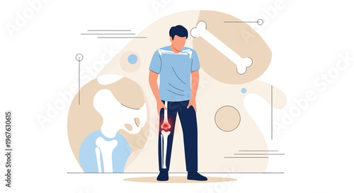 Man with painful knee joint, bone pain, skeletal system, medical illustration
