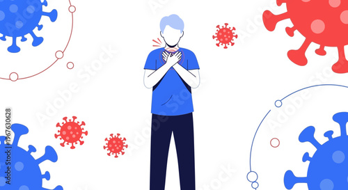 Man with sore throat surrounded by coronavirus symbols, feeling unwell