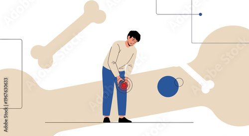 Man with knee pain, joint inflammation, bone health, medical illustration