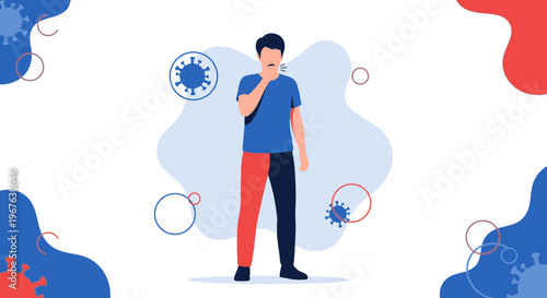 Man with sore throat, symptoms of illness, coronavirus concept, medical illustration