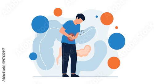 Man with stomach ache, digestive system illustration, abdominal pain, health issues