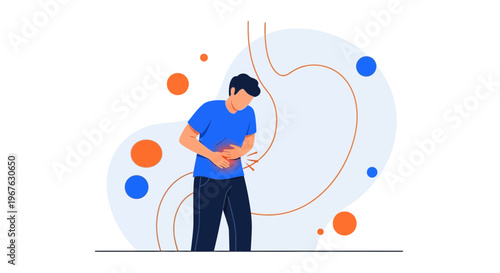 Man with stomach pain, digestive issues, and discomfort, illustration