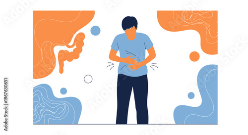 Man with stomach pain, digestive issues, and abdominal discomfort illustration