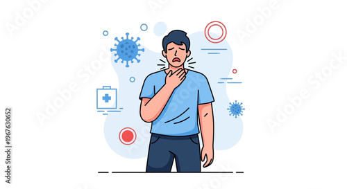 Man with sore throat, fever, and cough, symptoms of flu or coronavirus infection