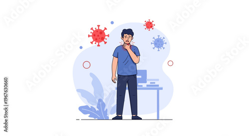 Man with sore throat, coughing, surrounded by coronavirus symbols, illness concept